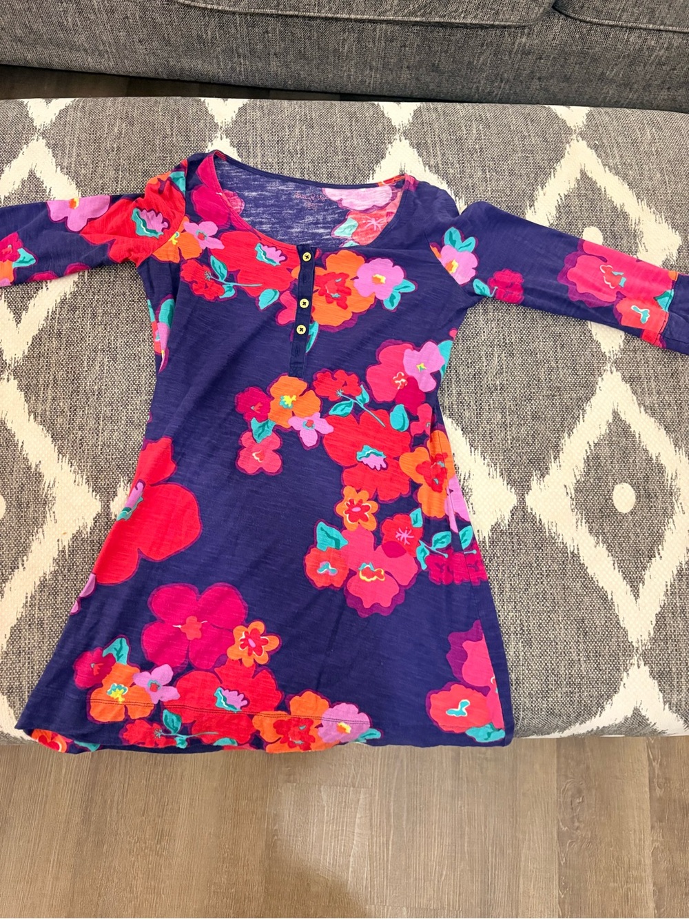 Lilly Pulitzer- Navy Floral Henley Dress with Pink & Red Blooms. Size small